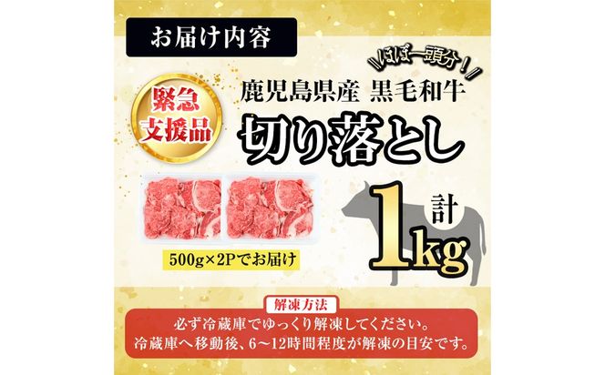 【緊急支援品】【訳あり】黒毛和牛万能切り落とし肉 計1kg（500g×2P）a2-141