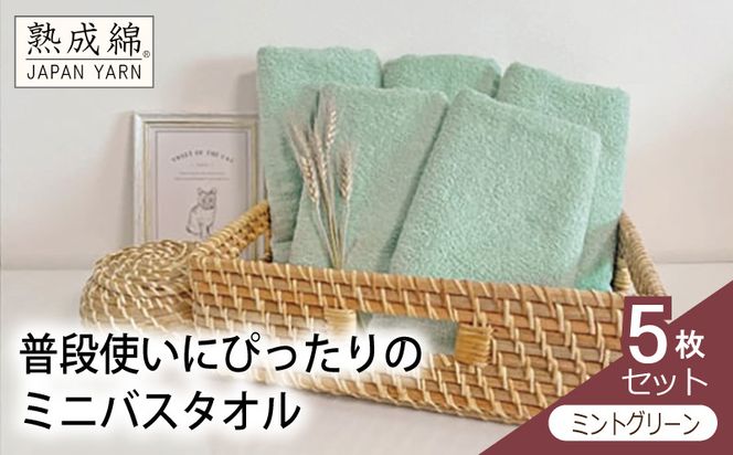 knt0058 泉州タオル「普段使いにぴったりのミニバスタオル」５枚セット（ミントグリーン）【泉州タオル 国産 吸水 普段使い 無地 シンプル 日用品 家族 ファミリー】