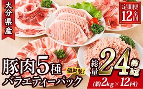 ＜定期便・全12回 (毎月)＞ 豚肉 バラエティーパック (2kg×12回・総量24kg) 豚バラ しゃぶしゃぶ 鍋 とんかつ ロース 小分け 個包装 豚こま 小間切れ スライス ミンチ 5種 セット 詰め合わせ 冷凍 食べ比べ 国産 大分県 佐伯市【BD323】【西日本畜産】