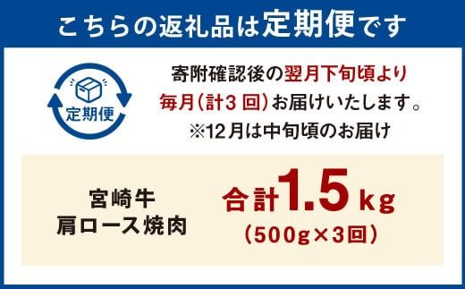 【3ヶ月定期便】＜宮崎牛肩ロース焼肉 500g（1パック：500g×3回）＞ お申込みの翌月下旬頃に第一回目発送（12月は中旬頃） 牛肉 お肉 肉 和牛 新生活応援 卒業祝い 就職祝い 入学 卒業 お花見 引越し【c1373_mc_x2】