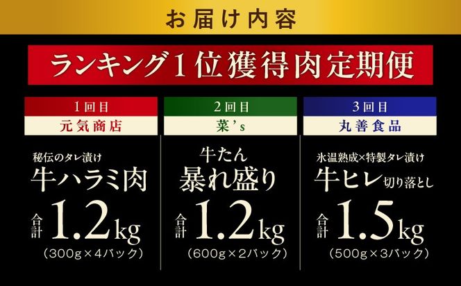 099Z309 1位獲得の肉 定期便 全3回【牛肉 焼肉 牛タン ハラミ 牛ヒレ お肉 福袋 訳あり サイズ不揃い 毎月配送コース】
