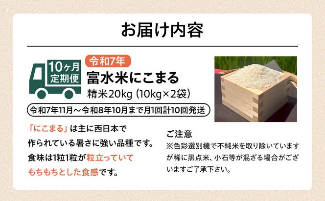 令和7年産　毎月お届け　定期便　富水米　精米　20kg×10か月　にこまる 142069_CP023