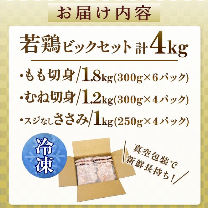 【人気部位詰め合わせ】宮崎県産若鶏4kgビッグセット（若鶏 国産 モモ ムネ ササミ 小分け 大容量 冷凍）