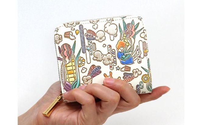 【文庫屋大関】二つ折りファスナーミニ財布 恋するもろこしガール【皮革工芸品】財布 二つ折り 小物 お札 カード 小銭 コンパクト 牛革 手作り 日本製 墨田区 東京都