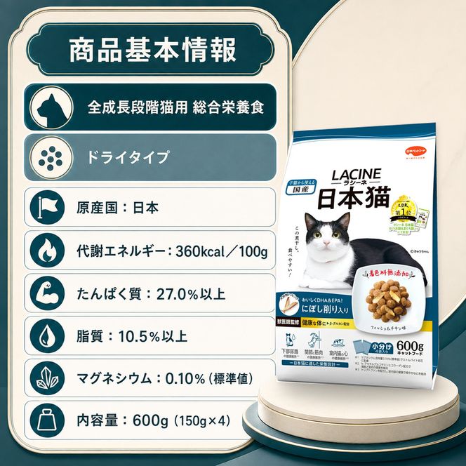 ラシーネ 日本猫 にぼし削り入り 600g ｘ10(ケース単位) キャットフード