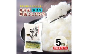 令和８年産米　先行予約【定期便／12ヶ月】　無洗米　魚沼産川西こしひかり5kg ＜令和8年10月下旬～発送予定＞