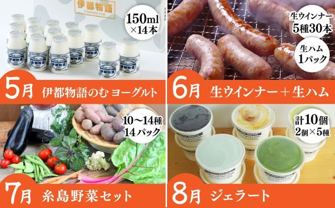 【全12回定期便】糸島ガッツリお楽しみ定期便（水炊き / しゃぶしゃぶ / チーズ / 卵 / ヨーグルト / ウインナー / 野菜 / お茶漬け / 明太子 / スイーツ / 牛肉 / 豚肉 ） 《糸島》 [AAH002] 定期便 定期購入 詰め合わせ 送料無料 グルメ おすすめ セット 人気 お楽しみ