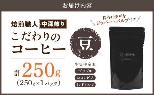 焙煎職人こだわりのコーヒー【豆】250g 小分けパック(ジッパー・バルブ付) ※中深煎り※ポスト投函≪みやこんじょ特急便≫_LA-3303-Q _(都城市) コーヒー豆 250g×1パック 少量パック 保存に便利 ポスト投函 珈琲 選べる コーヒー ブラジル コロンビア インドネシア 宮崎県 都城市