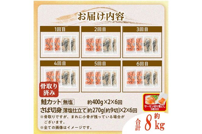 【定期便・全6回(連続)】骨取り さば切身と鮭カットのセット(総量約8kg)サーモン切り落とし5枚付き 鮭 小分け 冷凍 サーモン シャケ サケ サバ 鯖 骨なし 骨取り セット 魚 魚介 【AW-108】【丸正水産】