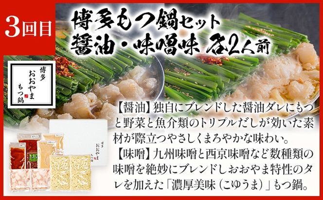 「おおやま」もつ鍋 味わい定期便【隔月定期便（計3回発送）】 モツ鍋 もつ鍋セット モツ鍋セット もつなべ 醤油 しょうゆ 味噌 みそ ちゃんぽん 博多 専門店 2人前 4人前 福岡県 福岡 九州 グルメ お取り寄せ