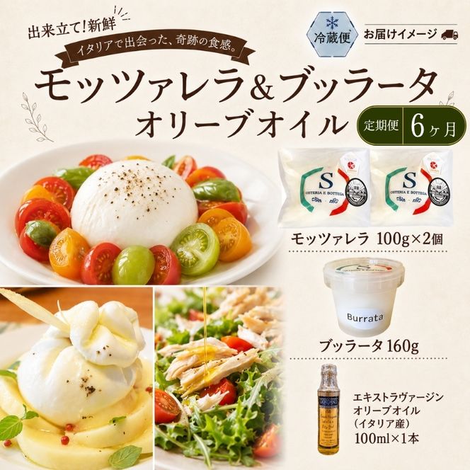 【ふるさと納税】6ヶ月定期便 フレッシュチーズ 2種 オリーブオイル セット モッツァレラ 100g 2個 ブッラータ 160g 1個 オリーブオイル 100ml チーズ おつまみ 送料無料 神奈川県 茅ヶ崎市