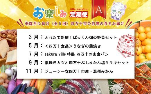【年末限定】 5回 定期便 四万十 人気 グルメ お楽しみ定期便 しまんと ふるさと 定期便 5万円 Aコース 今だけ 年末 限定 野菜 農家 ベジタブル うなぎ ウナギ パン 冷凍パン 山食パン 魚 魚介 タタキ たたき 鰹 かつお カツオ ぶしゅかん 塩タタキ 柑橘 フルーツ みかん 温州みかん オレンジ 人気グルメ お楽しみ ごちそう 贅沢 豪華 高知 四万十市 25-613