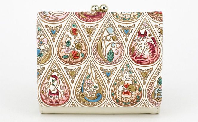 【文庫屋大関】三つ折りミニ財布　花と猫（ローズ）【皮革工芸品】 ファッション 小物 民芸品 お札 カード 小銭 手のひらサイズ コンパクト 蝶々 牛革 手作り 国産 