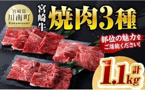 宮崎牛 焼肉 3種 計1.1kg 【 肉 牛 牛肉 国産 黒毛和牛 宮崎牛 BBQ 焼肉 カタロース モモ ウデ 】 [D00603]