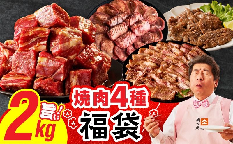 mrz0233 2025年 焼肉 福袋 4種 2kg[氷温熟成×特製ダレ 500g 小分け 牛肉 牛タン ヒレ ハラミ バラ 数量限定]