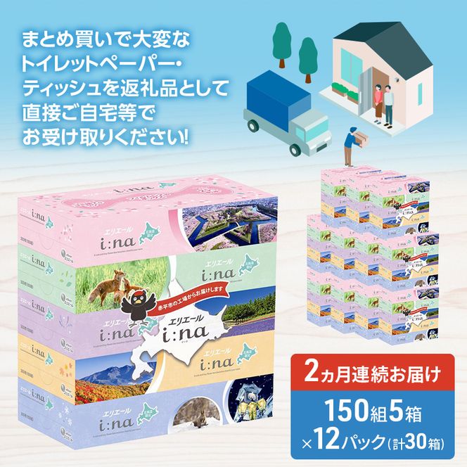 【2ヵ月連続お届け・計120箱】エリエール i:na (イーナ) 北海道 ティシュー 150組5箱 12パック フィルムレス ふるさと納税限定デザイン イーナ ボックスティシュー 箱ティッシュ ペーパー 備蓄品 花粉 赤平市