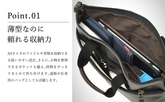 ブレリアス　白化合皮横型薄マチ手提げ（26673-01）クロ