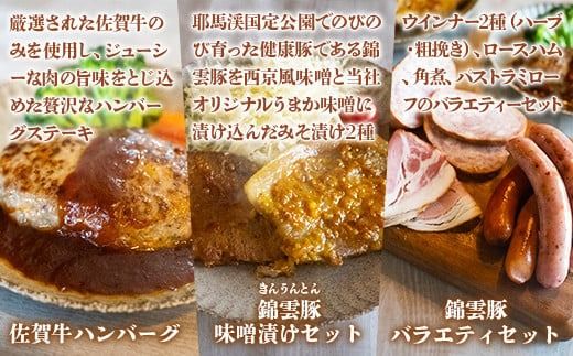 佐賀牛ハンバーグ・錦雲豚味噌漬けセット・錦雲豚バラエティセット ／ 牛肉 豚肉 ブランド牛 ブランド豚 みそ漬け ロース モモ ウインナー パストラミローフ ハム ジューシー 福岡県 特産　EZ010