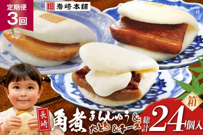 BJ517 岩崎本舗 【3回定期便】三種食べ比べセット(長崎角煮まんじゅう 4個・大とろ角煮まんじゅう 2個・チーズ角煮まんじゅう 2個) (箱) [岩崎食品 長崎県 島原市]