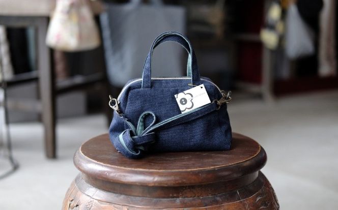 ヤシラミ花織 ランチポーチ+plus 格子モダン (紺色・グレー系織物) ハンドバッグ 手提げバッグ 小さめ おしゃれ レディース 沖縄市 / FABRIC SHOP MINAMI[BCCS002-01]