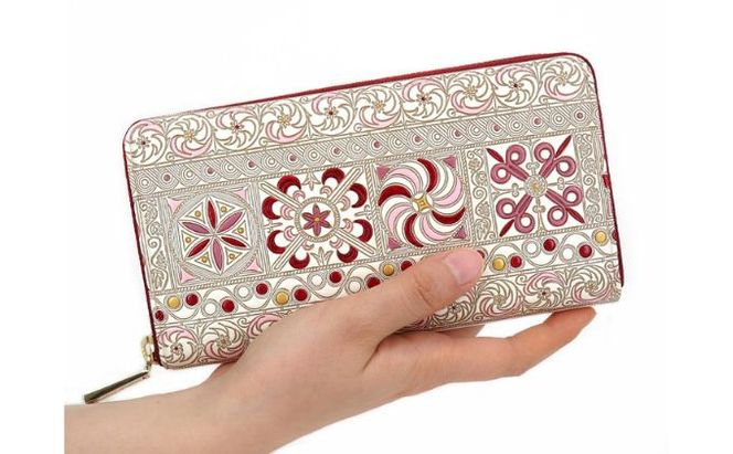 【文庫屋大関】 大容量　ぐるっとファスナーの長財布　錦紗＜ピンク＞【皮革工芸品】 ファッション小物 民芸品 