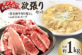 ガンコおやじの欲張りセット 約1kg (黒毛和牛切り落とし 約250g ×1p & ふかひれスープ 約350g ×2p) [マトン牧場 宮城県 気仙沼市 20565954] 肉 精肉 仙台牛 黒毛和牛 焼肉用 焼肉 不揃い わけあり 小分け 冷凍 ふかひれ 鱶鰭 フカヒレ スープ ふかひれスープ セット 詰め合わせ
