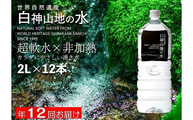年12回お届け！！ 白神山地の水 2L×12本 定期便 ナチュラルウォーター 飲料水 軟水 超軟水 非加熱 弱酸性 湧水 湧き水 水 お水 ウォーター ペットボトル 青森県 鰺ヶ沢町 国産