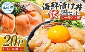 訳あり 海鮮漬け丼 タイ12P・サーモン8Pセット 1袋60g 真鯛 タイ サーモン 詰め合わせ お茶漬け 醤油 漬け 食べ比べ おつまみ 惣菜 鯛茶漬け 魚介類 海鮮【企業組合　宇佐もん工房】 [BQAB038]