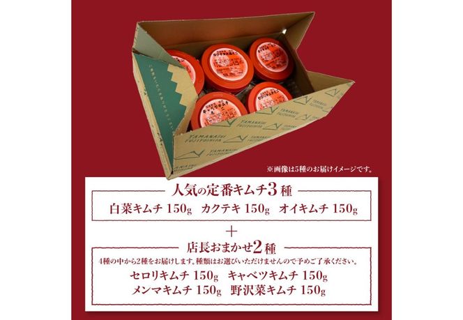 キムチバラエティーセット (お試しセット 5種類)  食べ比べセット 白菜キムチ カクテキ オイキムチ セロリキムチ キャベツキムチ メンマキムチ 野沢菜キムチ 山梨 富士吉田