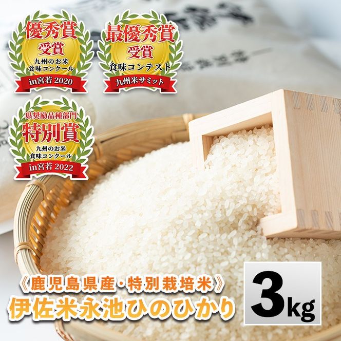 Z5-10 令和6年産 特別栽培米 伊佐米永池ひのひかり(3kg)鹿児島でも極良食味のお米が出来る永池地区で作ったお米！九州米サミット食味コンテスト最優秀賞2回受賞【エコファーム永池】