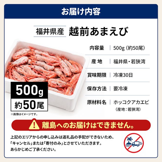 甘えび 刺身 500g 約50尾 越前甘えび 子なし 生食用 冷凍 えび エビ 海老 甘海老 あまえび 海鮮 魚介 魚介類 国産 日本海 福井県 若狭町