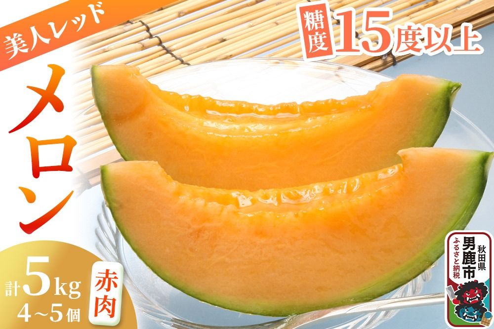 [先行受付]美人レッドメロン 4〜5個 計5kg 甘みじゅうぶんの赤肉メロン 糖度15度以上 ミツバチ交配 秋田県 男鹿市 JAなまはげ|23_nhn-070501