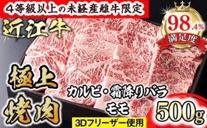【森三商会】4等級以上の未経産雌牛限定　近江牛極上焼肉500g(カルビ・霜降りバラ・モモ)【GM11W】（国産牛　和牛　ブランド牛　ブランド和牛　黒毛和牛　牛肉　肉　高級　人気　おすすめ　神戸牛　松阪牛 に並ぶ 日本三大和牛 近江牛）