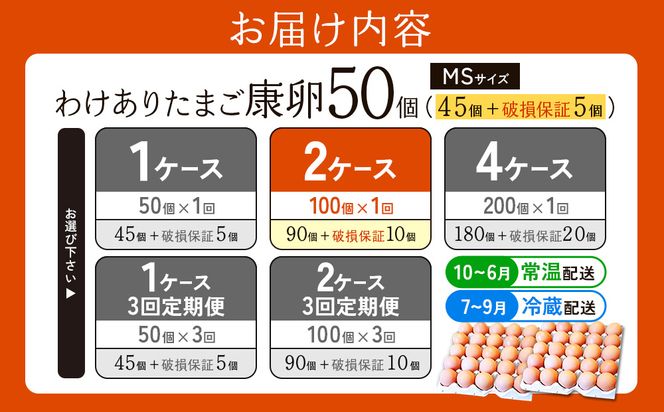卵【わけあり】霧島山麓育ち こだわり卵 康卵 MSサイズ 計 50個 × 2ケース 計 100個（90個 + 割れ保証 10個）たまご 玉子 タマゴ 卵焼き 玉子焼き たまご焼き 生卵 鶏卵 平飼い 放し飼い たまごかけごはん 国産 九州産 宮崎県産 送料無料