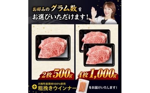 牛肉 ※発送時期・グラムが選べる※ 生産者応援！宮崎牛 ロースステーキ2枚500g～4枚1kg+粗挽きウインナー90g 【 肉 牛肉 宮崎県産 黒毛和牛 】☆ [C00622-23 C00648-51]