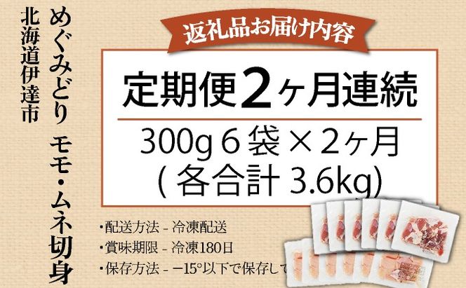 定期便 2カ月 連続 2回 北海道産 めぐみどり もも むね 各1.8kg 切身 モモ 鶏もも 鶏モモ ムネ 鶏むね 鶏ムネ 鶏肉 チキン 銘柄鶏 肉 冷凍 小分け 便利 時短 唐揚 焼鳥 鍋 ソテー プライフーズ 送料無料