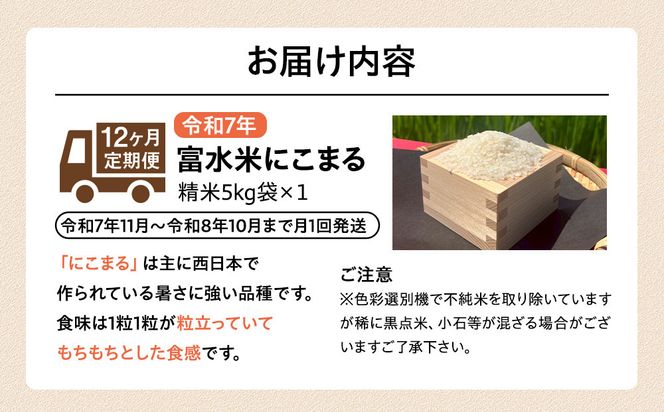 令和7年産　毎月お届け　定期便　富水米　精米　5kg×12か月　にこまる 142069_CP016