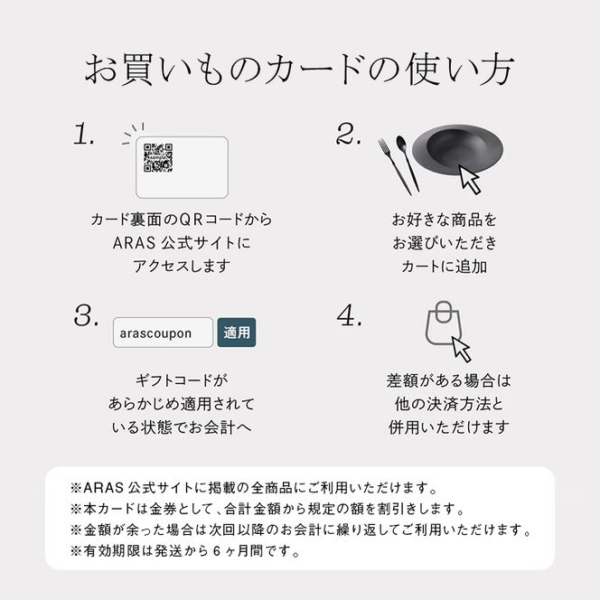 ARASのお買いものカード15,000円分 ARAS エイラス 割れない うつわ 贈り物 ギフト カタログギフト 5万円  50000円 F6P-2627