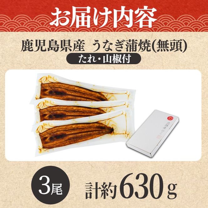 【0204356a-10E】＜10営業日以内発送＞東串良町のうなぎ蒲焼(無頭)(3尾・計約630g・タレ、山椒付)うなぎ 高級 ウナギ 鰻 国産 蒲焼 蒲焼き たれ 鹿児島 ふるさと 人気 スピード発送 スピード便 【アクアおおすみ】