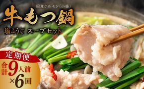 099Z421 【定期便】牛もつ鍋セット 9人前 全6回【毎月配送コース 国産 牛肉 ホルモン 塩こうじ スープ付き モツ 鍋 高評価 冷凍 鍋セット 簡単調理】