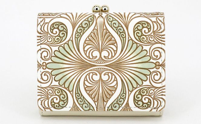 【文庫屋大関】三つ折りミニ財布　ロカイユ（ペールカーキ）【皮革工芸品】 ファッション 小物 民芸品 お札 カード 小銭 手のひらサイズ コンパクト 大人かわいい 牛革 手作り 国産 