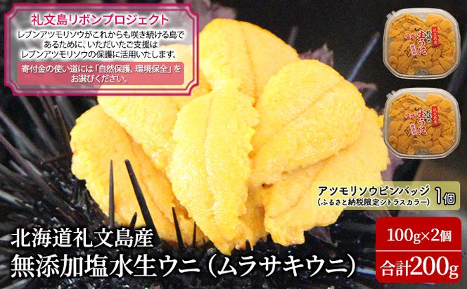 【礼文島リボンプロジェクト】北海道 礼文島産 ミョウバン不使用 塩水ウニ キタムラサキウニ 100g×2パック(ピンバッジ付)［野崎水産］【 うに ウニ 雲丹 生うに 塩水うに ムラサキウニ 自然保護 寄付 海鮮 】