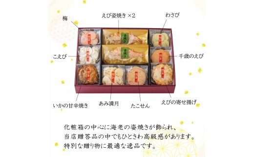 ワンランク上の海鮮煎餅詰合せ「潮の香10袋(9種)」 　海老 えびせん 海老姿焼き 贈り物 ギフト お歳暮 せんべい おつまみ 海鮮 乾物 和菓子 醤油味 お菓子 おやつ 煎餅 梅 わさび 小分け 海鮮せんべい えびせん家族 人気 H011-138