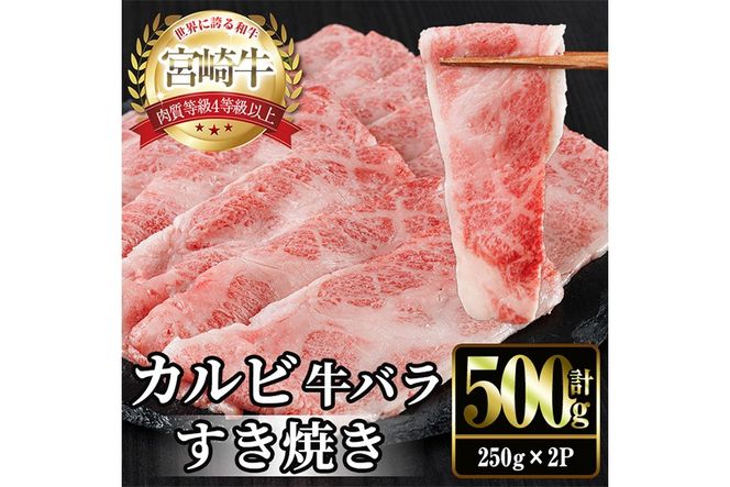 宮崎牛 カルビカット すき焼き (計500g・250g×2) すき焼き お肉 牛肉 黒毛和牛 宮崎牛 ブランド和牛 冷凍 国産 宮崎県産 カルビ バラ 【YM-33】【YAMATO株式会社】