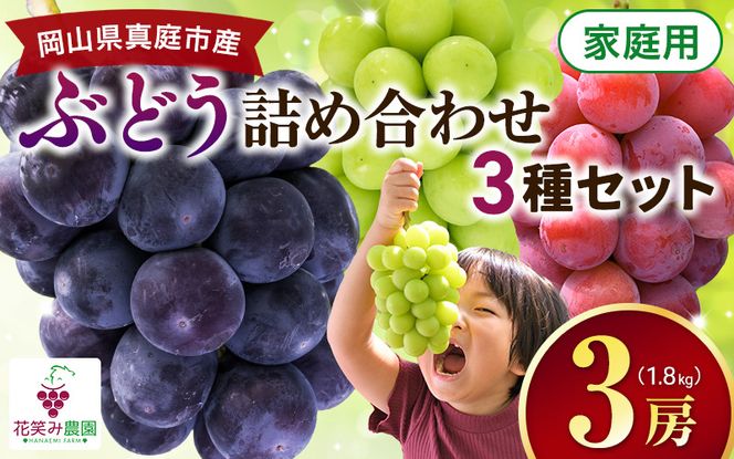 【2026年の先行予約】 岡山 花笑み農園『彩り３種セット』家庭用（1.8kg） 3M-2家 / ぶどう 詰め合わせ 食べ比べ シャインマスカット 岡山 真庭市 【hana085-01】