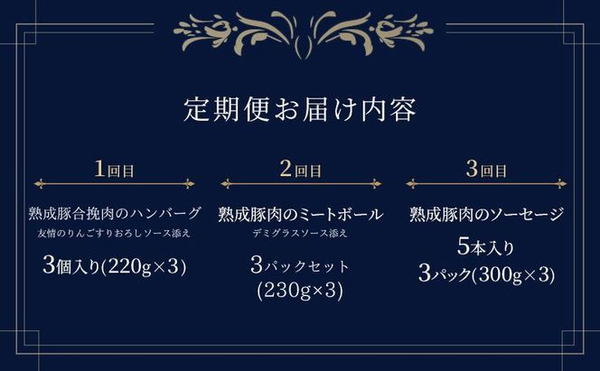 【3ヶ月連続お届け】【長谷川自然牧場産豚肉使用】【お家レストラン】旨味を味わうミンチ加工品定期便(ハンバーグ/ミートボール/ソーセージ各3パック×3ヶ月)