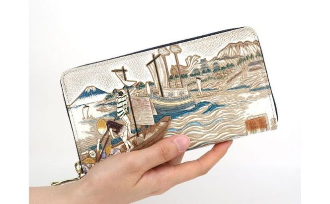 【文庫屋大関】大容量　ぐるっとファスナーの長財布　浮世絵　荒井宿【皮革工芸品】 ファッション 小物 仕切り カードポケット ロングポケット 