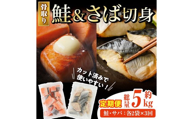 【定期便・全3回(連続)】骨取り さば切身と鮭カットのセット(総量約5kg) 鮭 小分け 冷凍 サーモン シャケ サケ サバ 鯖 骨なし 骨取り セット 魚 魚介 【AW-107】【丸正水産】