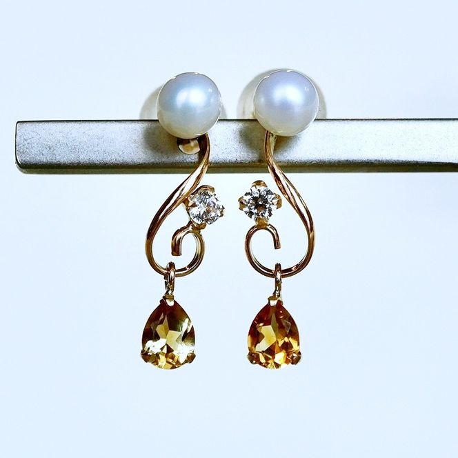 K10YG(10金) イエローゴールド シトリン パール ピアス 揺れる 保証書付 2066 242-051-a