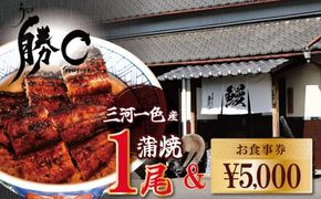 【備長炭で焼く“いい焦がし”】三河一色産うなぎの蒲焼１尾と「勝〇食事券5,000円分」鰻 ウナギ 蒲焼 たれ タレ 国産 備長炭 土用 丑の日 冷凍 三河一色産 食事券 H189-024
